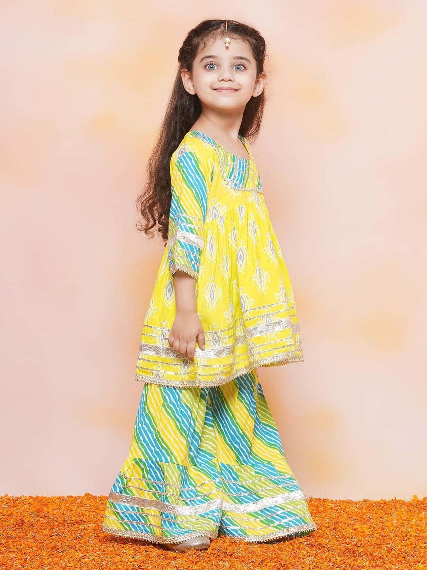 AJ Dezines Kids Blue & Yellow Cotton Printed Kurta Set