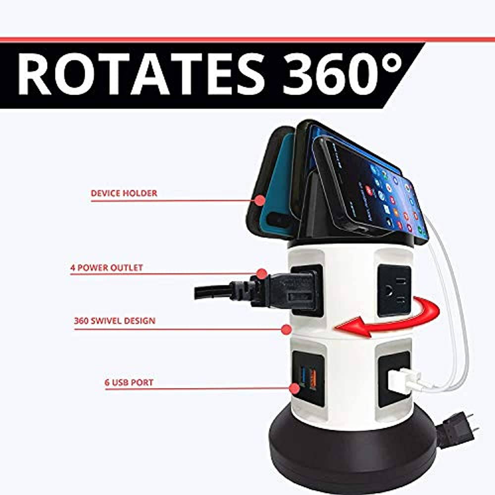 Bell and Howell Spin Power Strip Tower Surge Protector Electric Charging Station 4 Outlets 6 USB Ports with 7ft Retractable Cord Built-in Phone Holder As Seen On TV