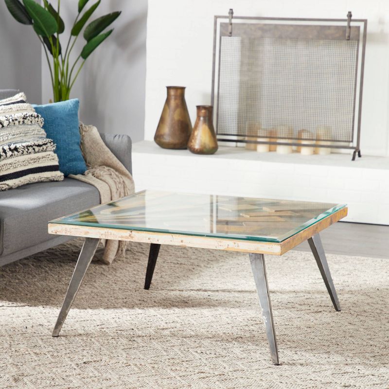 Wood Coffee Table, Rectangle With Design And Glass Tabletop Cover - Olivia & May