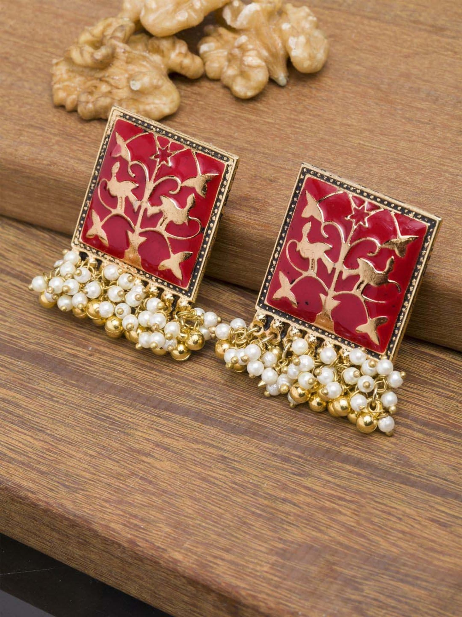 Panash Red Gold-Plated Meenakari Square Shaped Stud Earrings