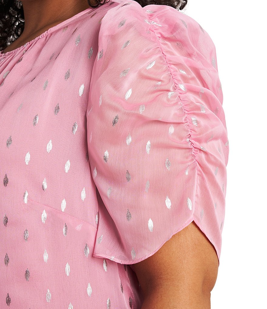 1. STATE Plus Size Round Neck Puff Short Sleeve Metallic Foil Blouse