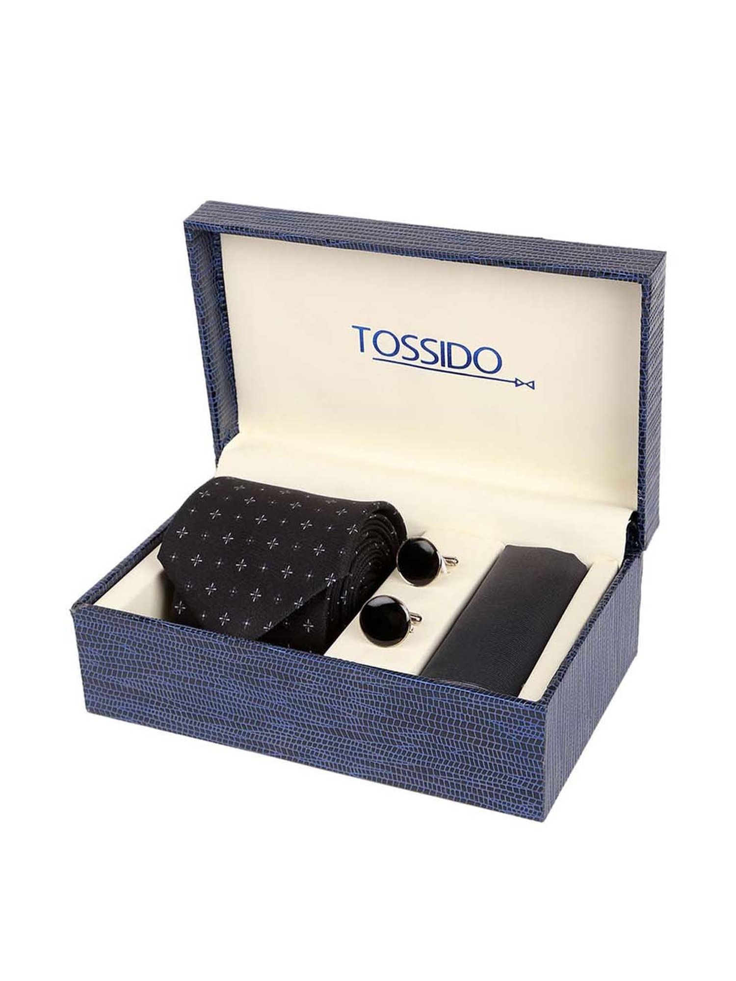 Tossido Black Woven Necktie With Pocket Square and Cufflinks