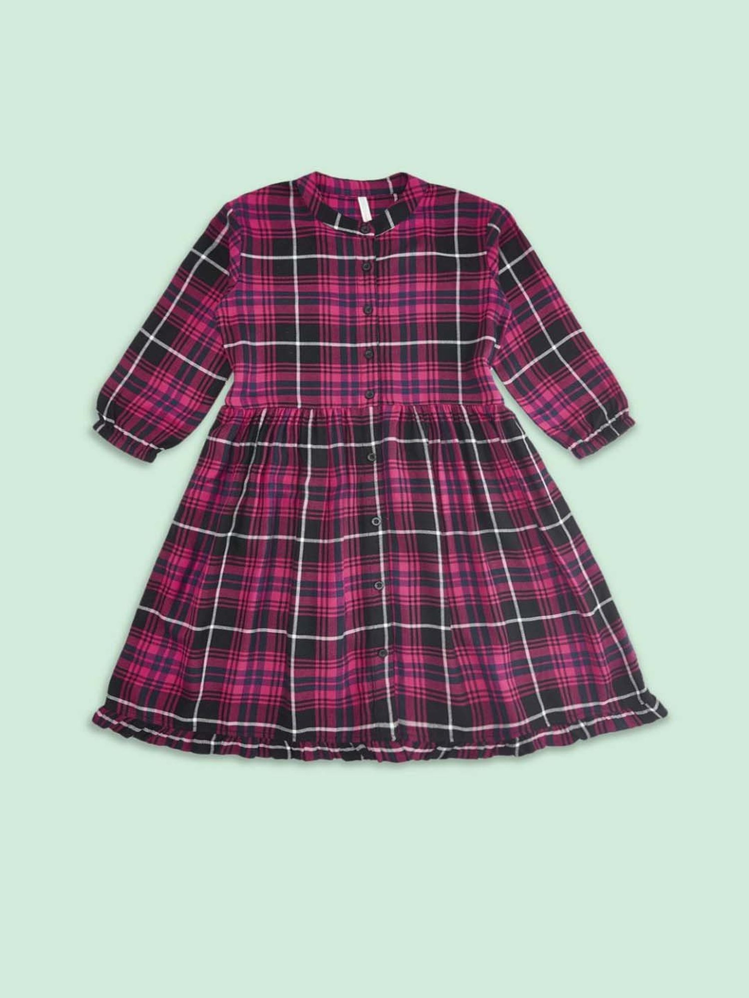 Pantaloons Junior Pink & Black Cotton Chequered Full Sleeves Dress