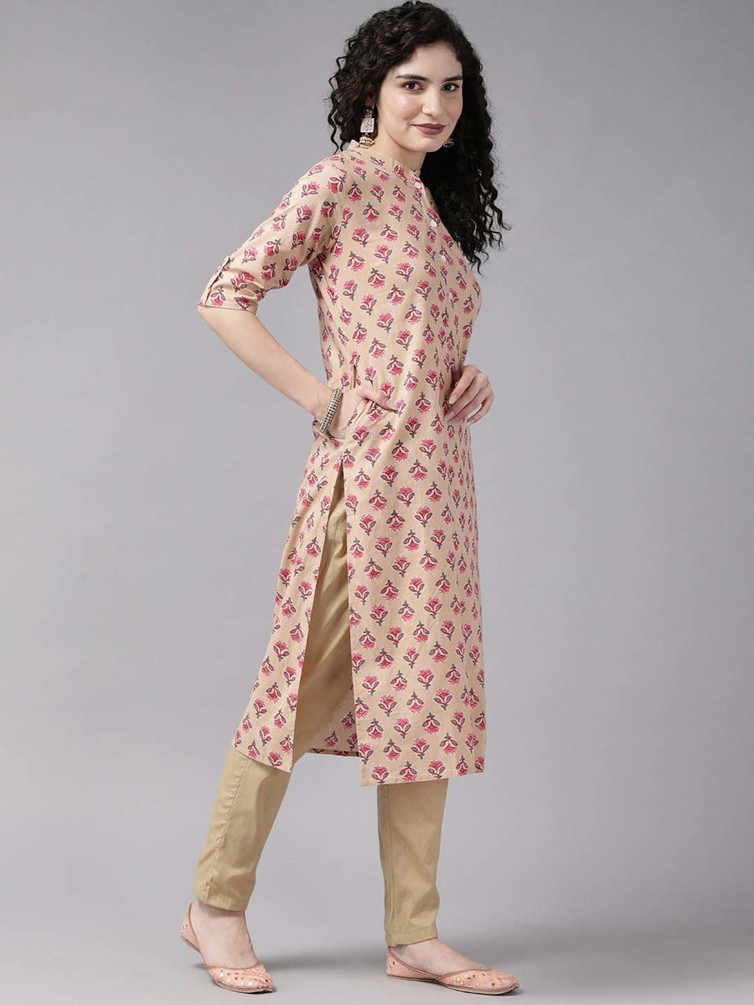 Cayman Beige Cotton Floral Print Straight Kurta