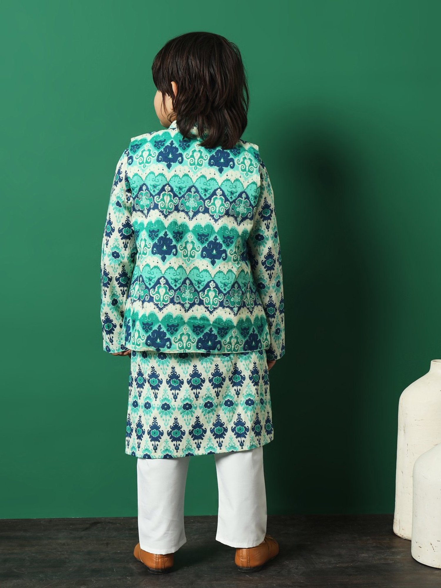 READIPRINT FASHIONS Kids Sea Green & White Printed Full Sleeves Kurta, Pyjamas with Jacket