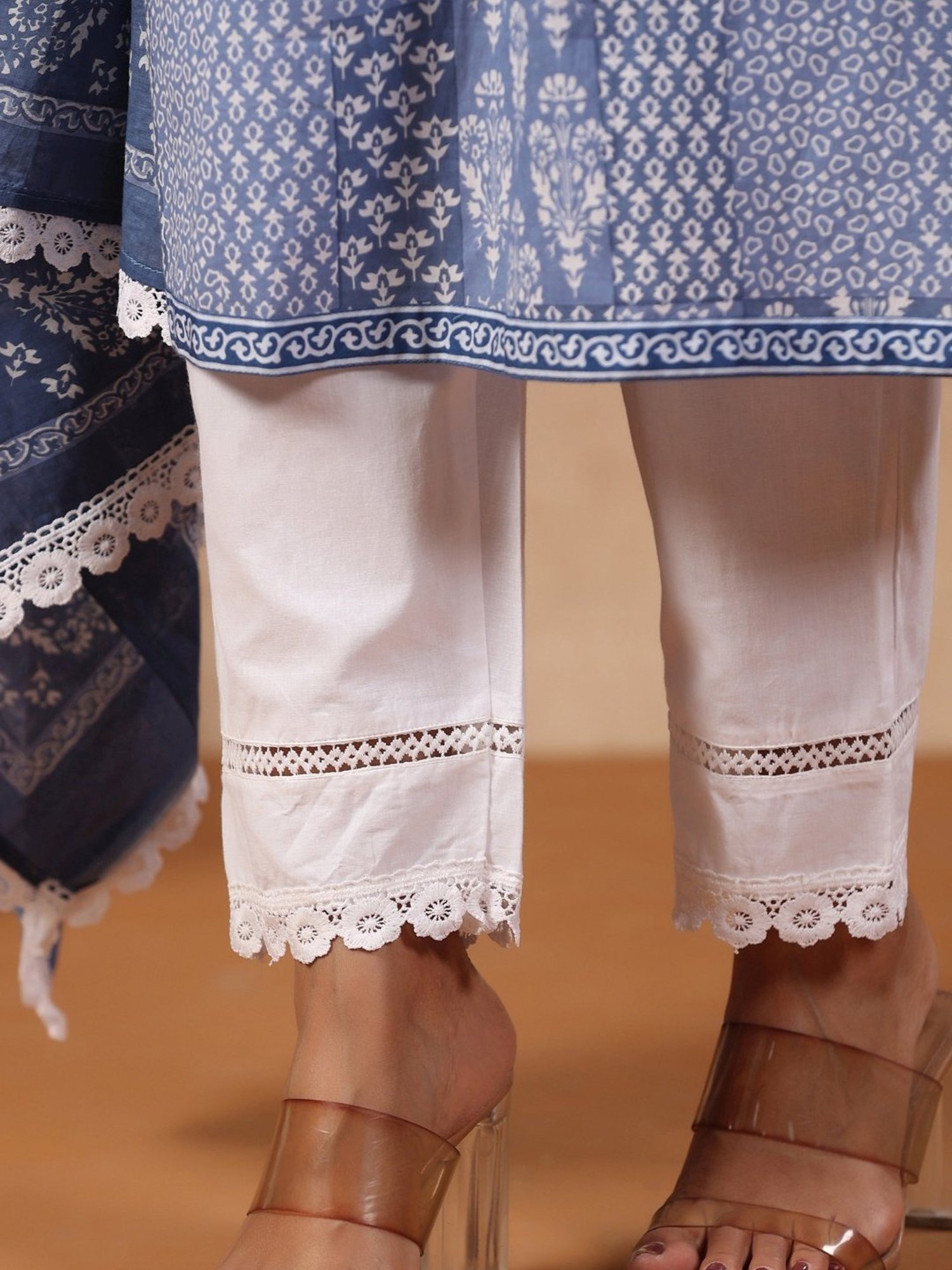 Rain and Rainbow Blue & White Cotton Printed Kurta Pant Set With Dupatta