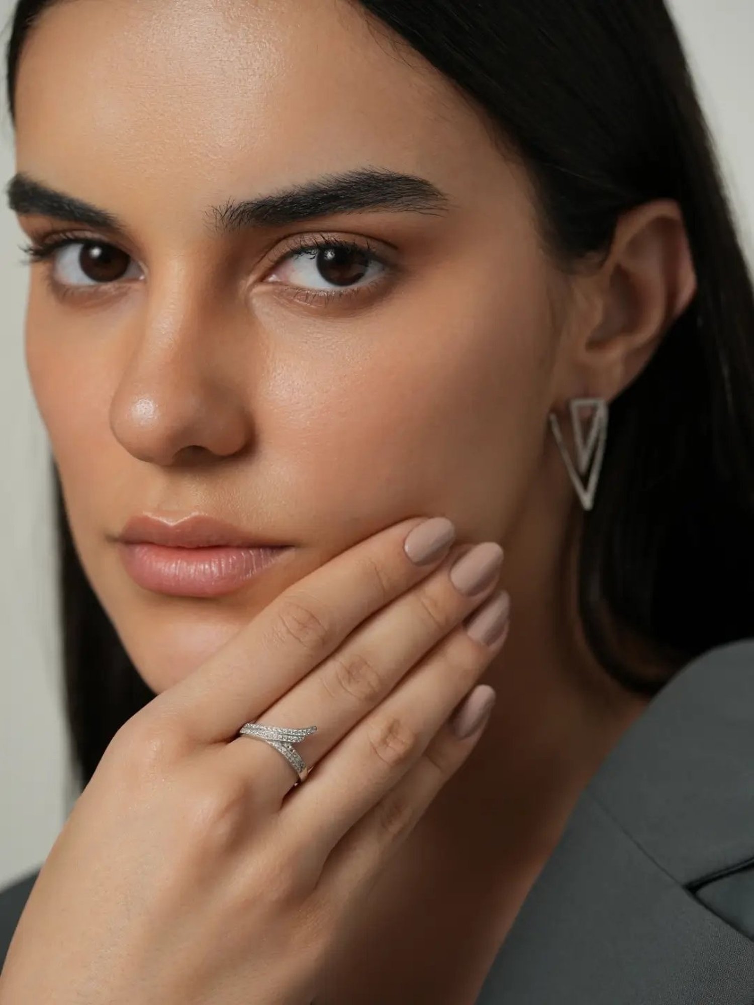 Mabel 92.5 Sterling Silver Rhodium-Plated Studded Leaf Adjustable Statement Ring