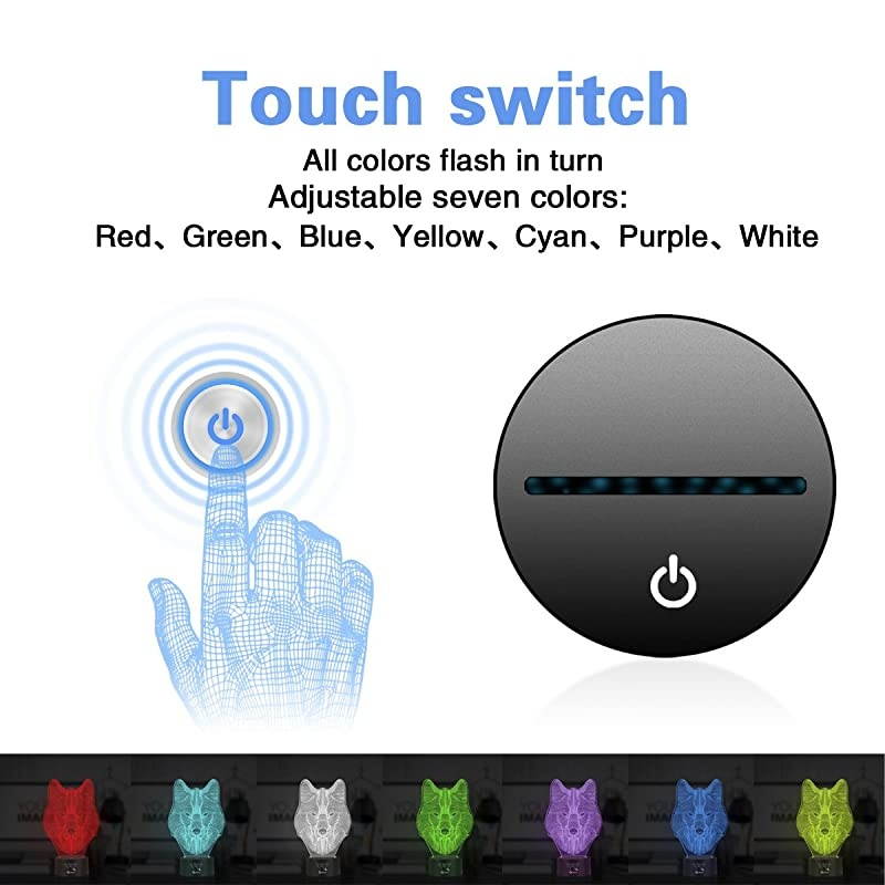 Animals Wolf 3D Night Light Touch Table Desk Lamps  7 Color Changing Lights with Acrylic Flat amp ABS Base amp USB Cabler