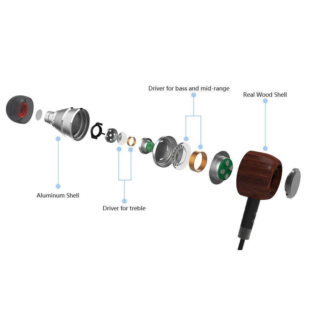 G-Most E8 Genuine Wood in Ear Headphones Earbuds with Microphone, Dual Dynamic Driver Earphones Noise-isolating Headset with Deep Bass and 1 Button Control for iPhone, iPad and Android Devices