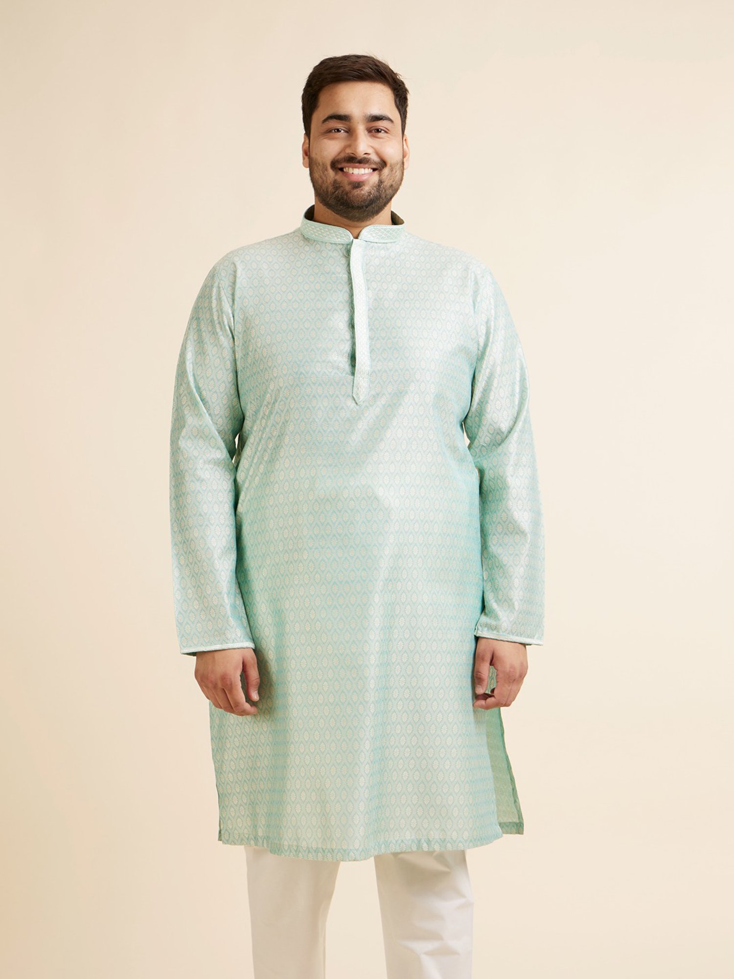 Manyavar Green Regular Fit Embroidered Plus Size Kurta and Pyjama Set