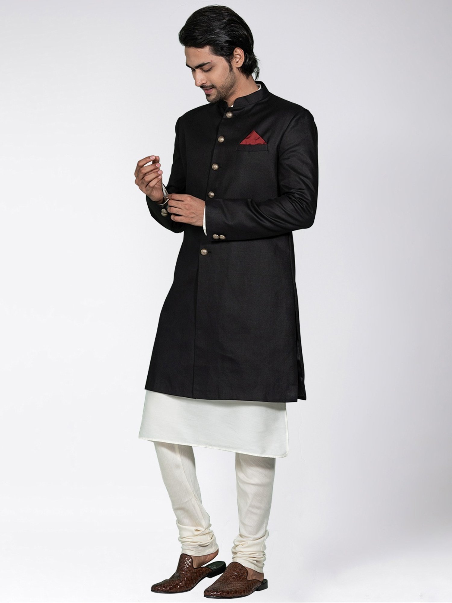 KISAH Black & White Cotton Regular Fit Sherwani Set