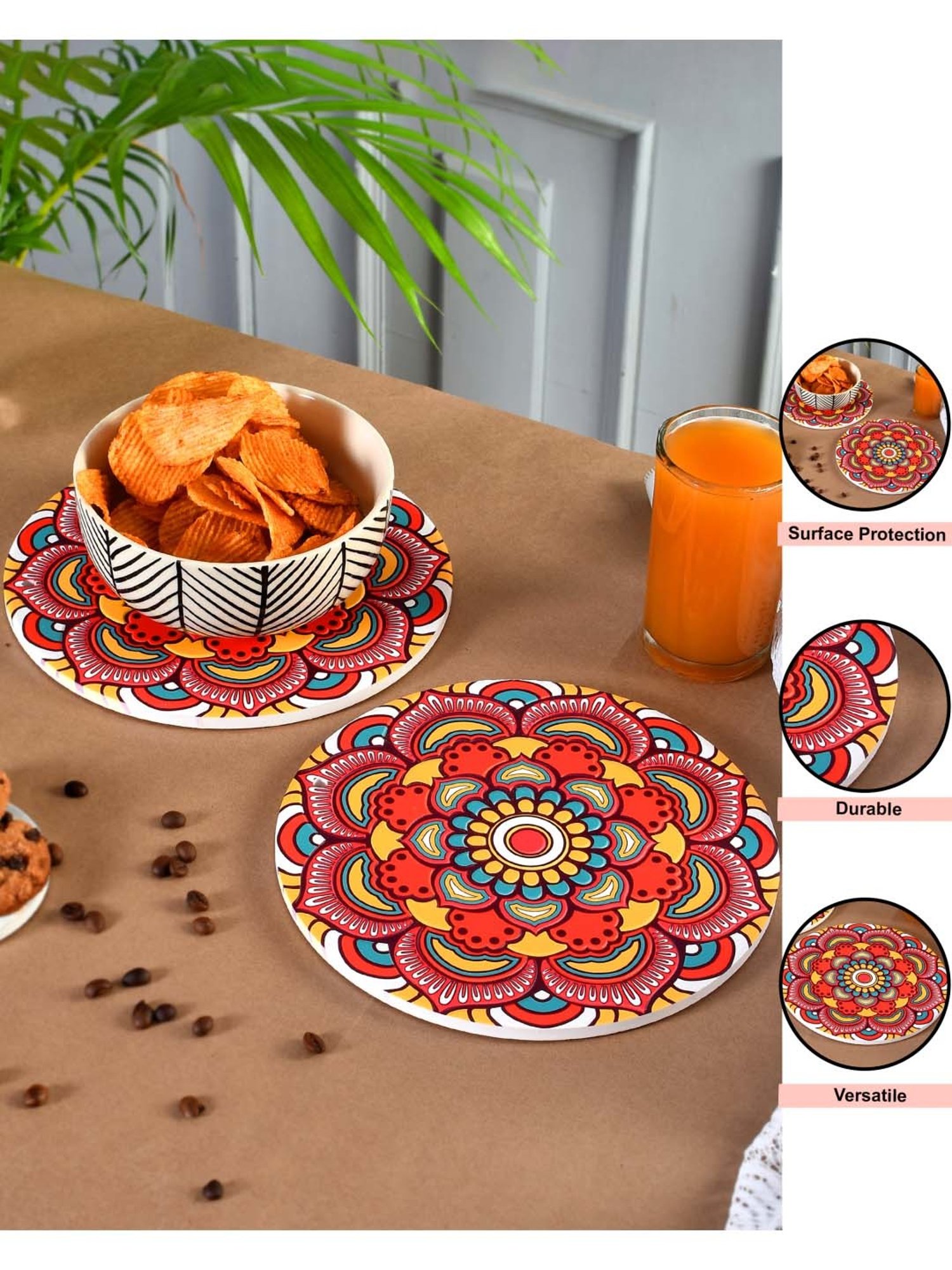 TAYHAA Red & Yellow Ceramic Delightful Mandala Coasters - Set of 2
