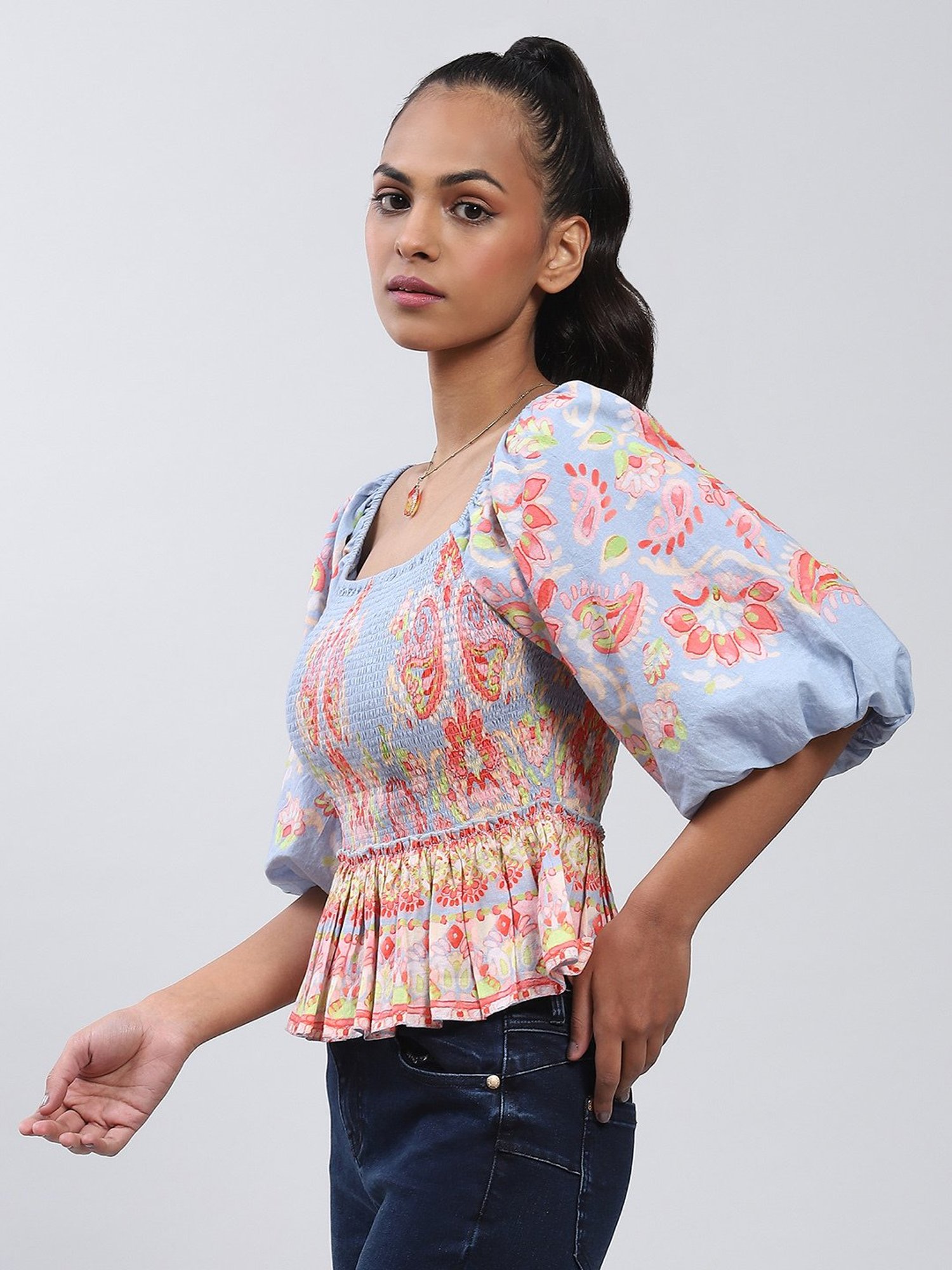 Label Ritu Kumar Blue Floral Print Peplum Top