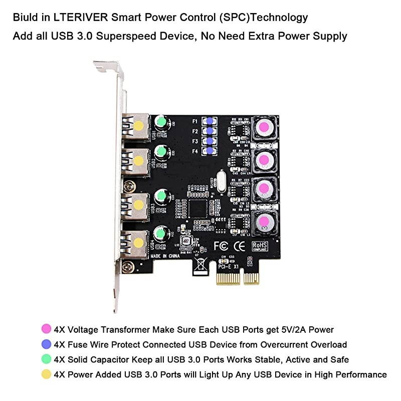 PCIe 4 Ports Superspeed USB 3.0 Card Adapter for Windows Server,XP,Vista,7,8.0,8.1,10(32/64bit) PCs-Biuld in Smart Power Control Technology-No Aditional Power Supply Needed(PCE-U304A)
