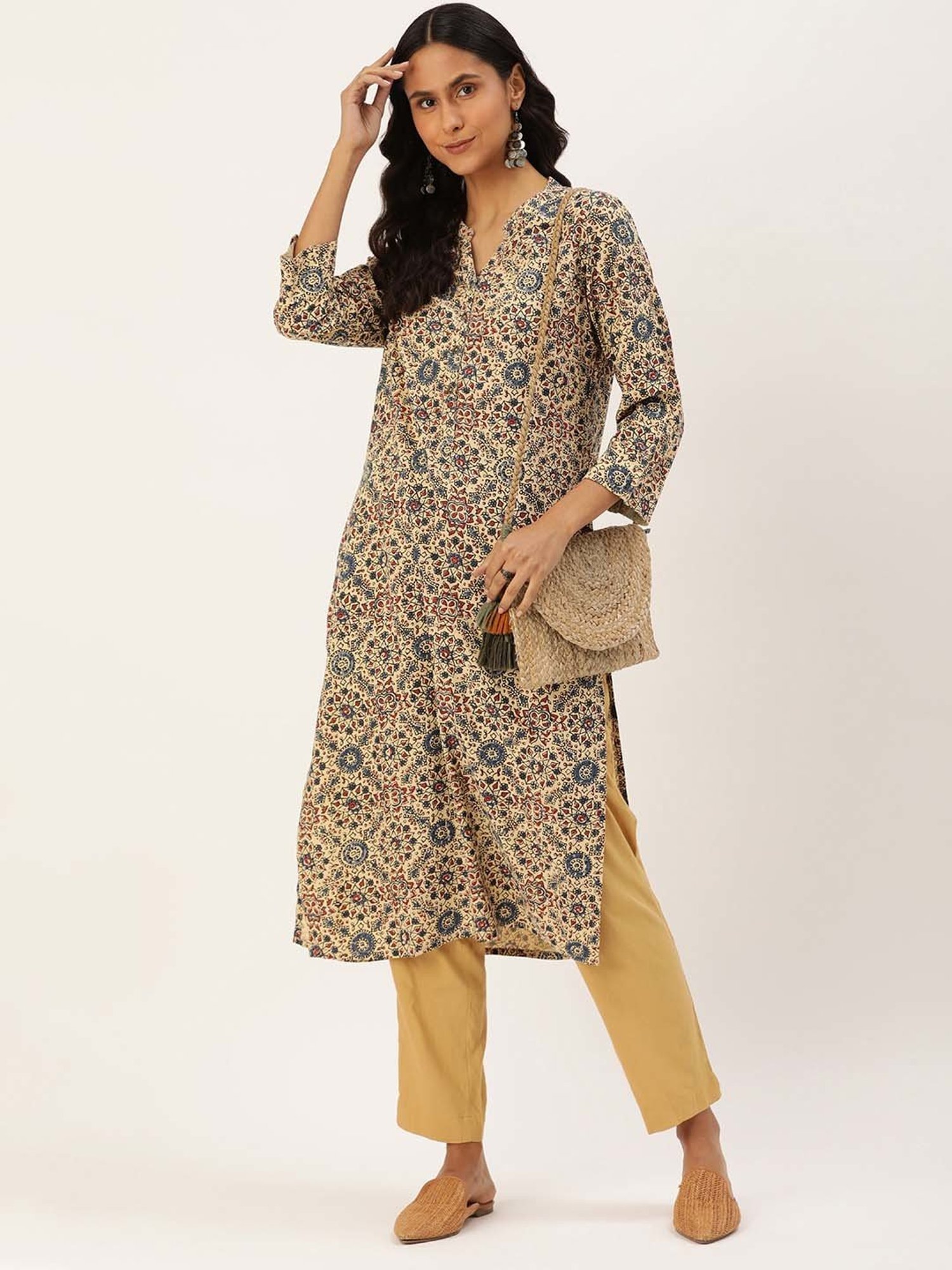 Amukti Beige Printed A Line Kurta