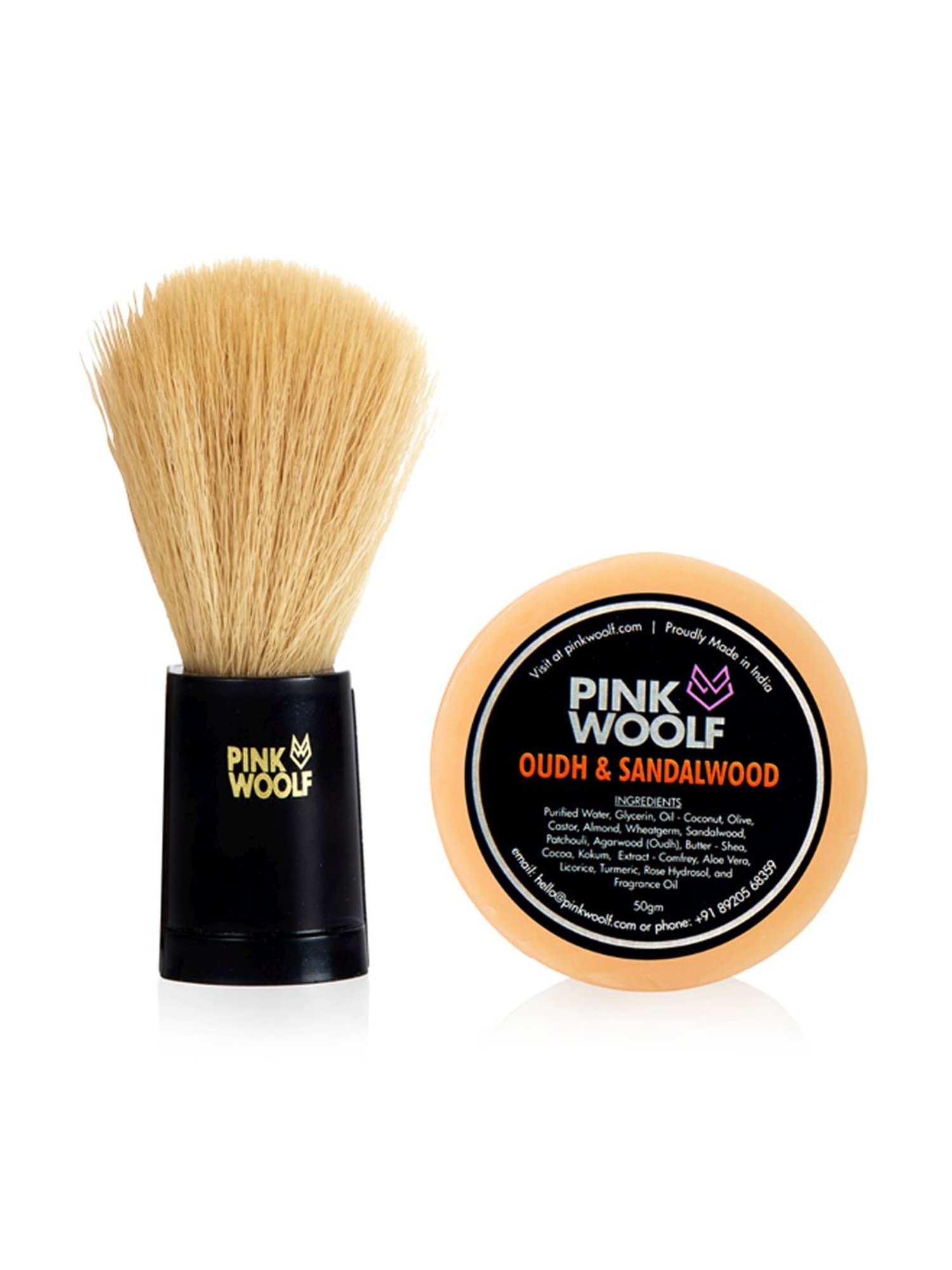 Pink Woolf Shaving COMBO Soft Bristles Shaving Brush and Shaving Soap REFILL Oudh & Sandalwood