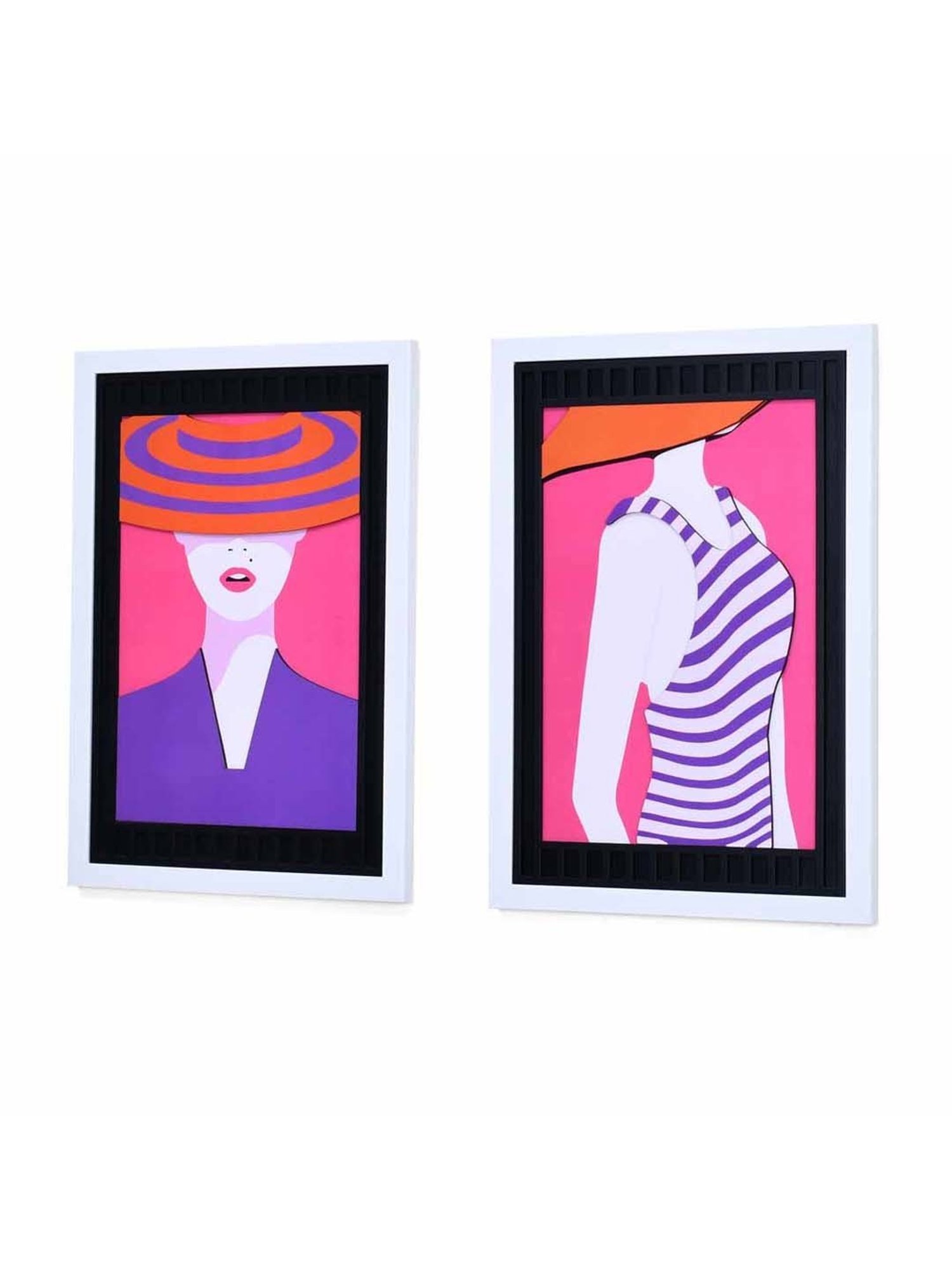 @Home Pink & Blue Mdf Lady In Hat 3D Wall Paintings - Set of 2