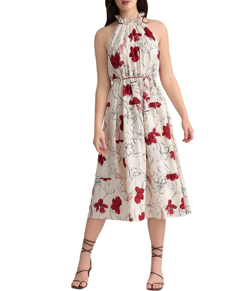 Maggy London Halter Floral Tie Waist Midi Dress