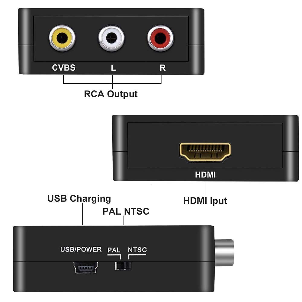 ESTONE 3RCA Composite CVBS AV to HDMI Video Audio Converter Adapter Mini Box Support 1080P PAL/NTSC with USB Charge Cable for PC Laptop Xbox PS4 PS3 TV STB VHS VCR DVD,Black