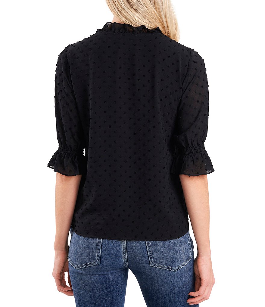 CeCe Split Neck Elbow Sleeve Clip Dot Chiffon Blouse