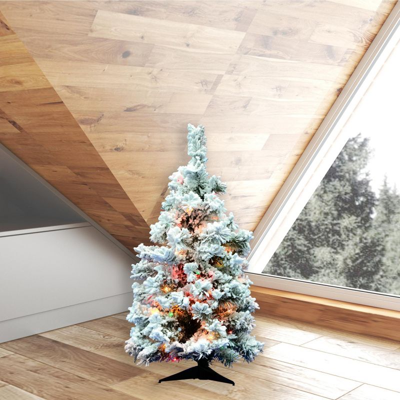 Vickerman Flocked Alaskan 36 Inch Frosted Prelit Artificial Christmas Tree with Multi Colored Lights for Holiday Season