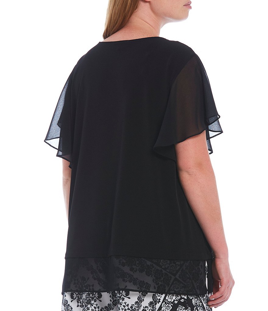 Calvin Klein Plus Size Solid Matte Jersey Jewel Neck Chiffon Ruffle Short Sleeve Double Layer Hem Top