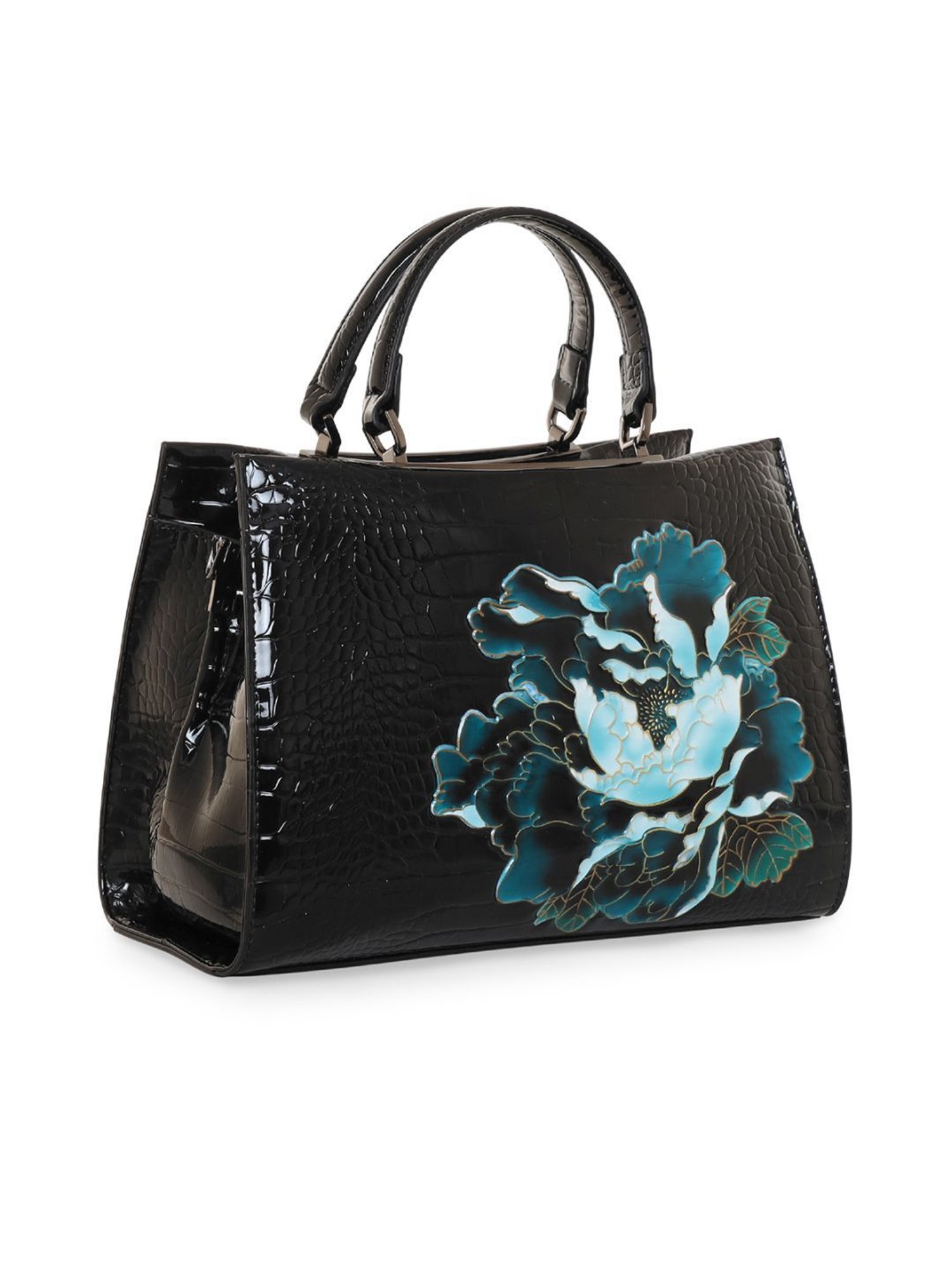 Esbeda Glossy Flower Black PU Textured Handbag