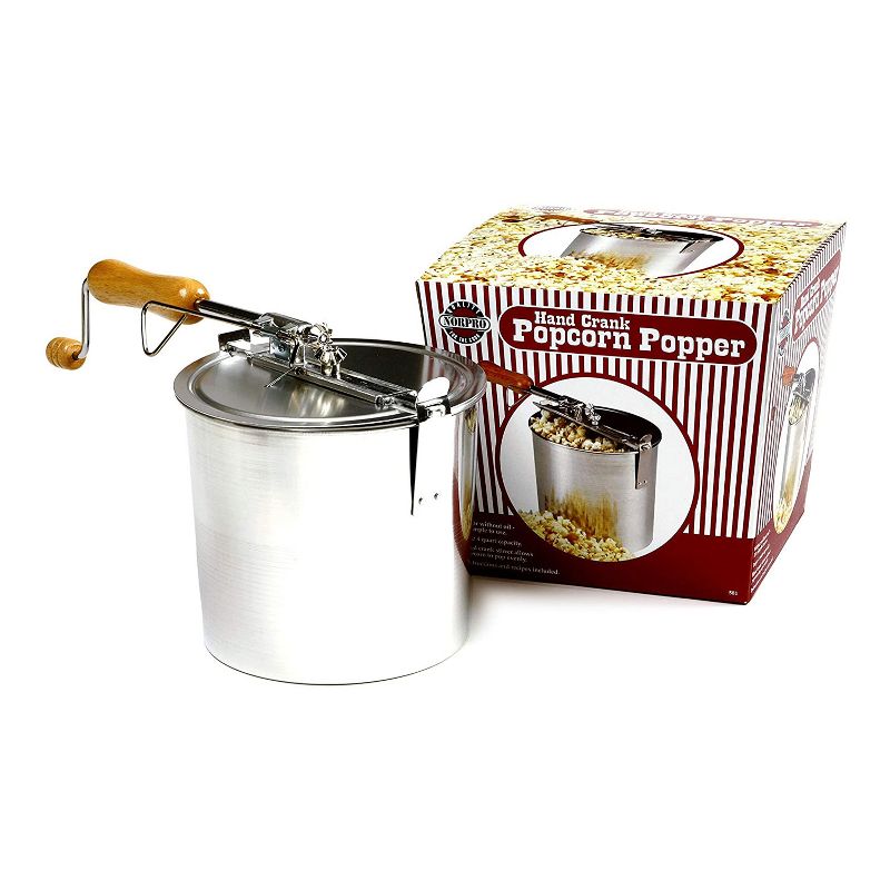 Norpro 4 Quart/3.8 Liter Old Time Aluminum Stovetop Popcorn Popper with Wooden Handle Hand Crank and Included Recipes, Silver