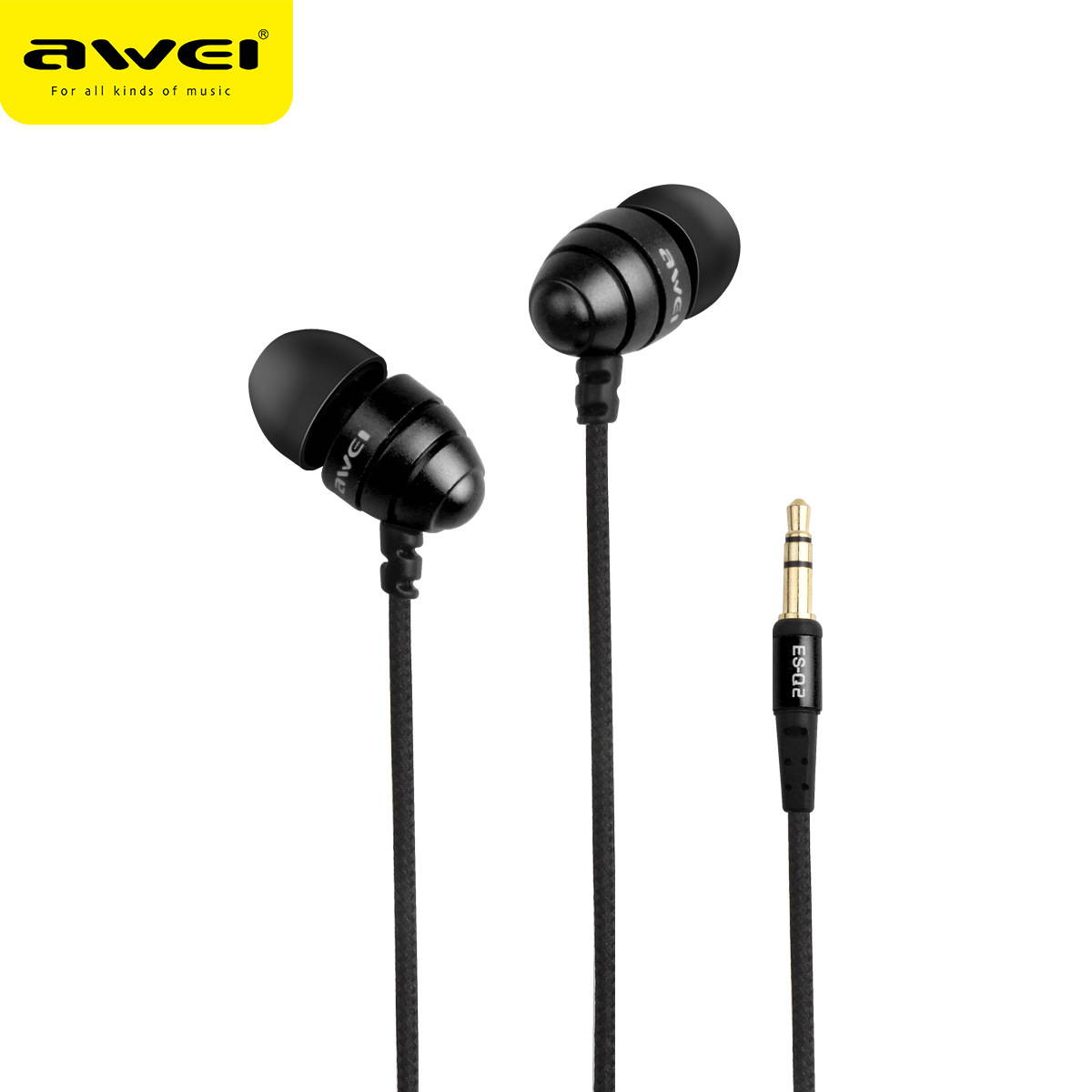 AWEI ESQ2 Fashionable Deisgn Metal 3.5MM Plug Stereo Music Deep Bass In-Ear Earphones with Microphone for Mobile Phones