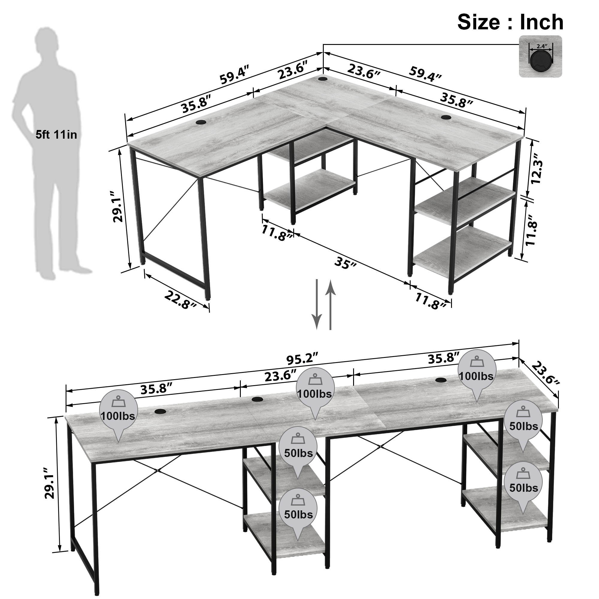 Bestier L Shaped Desk with Shelves 95.2 Inch Reversible Corner Computer Desk or 2 Person Long Table for Home Office Large Gaming Writing Storage Workstation P2 Board with 3 Cable Holes, Grey Oak