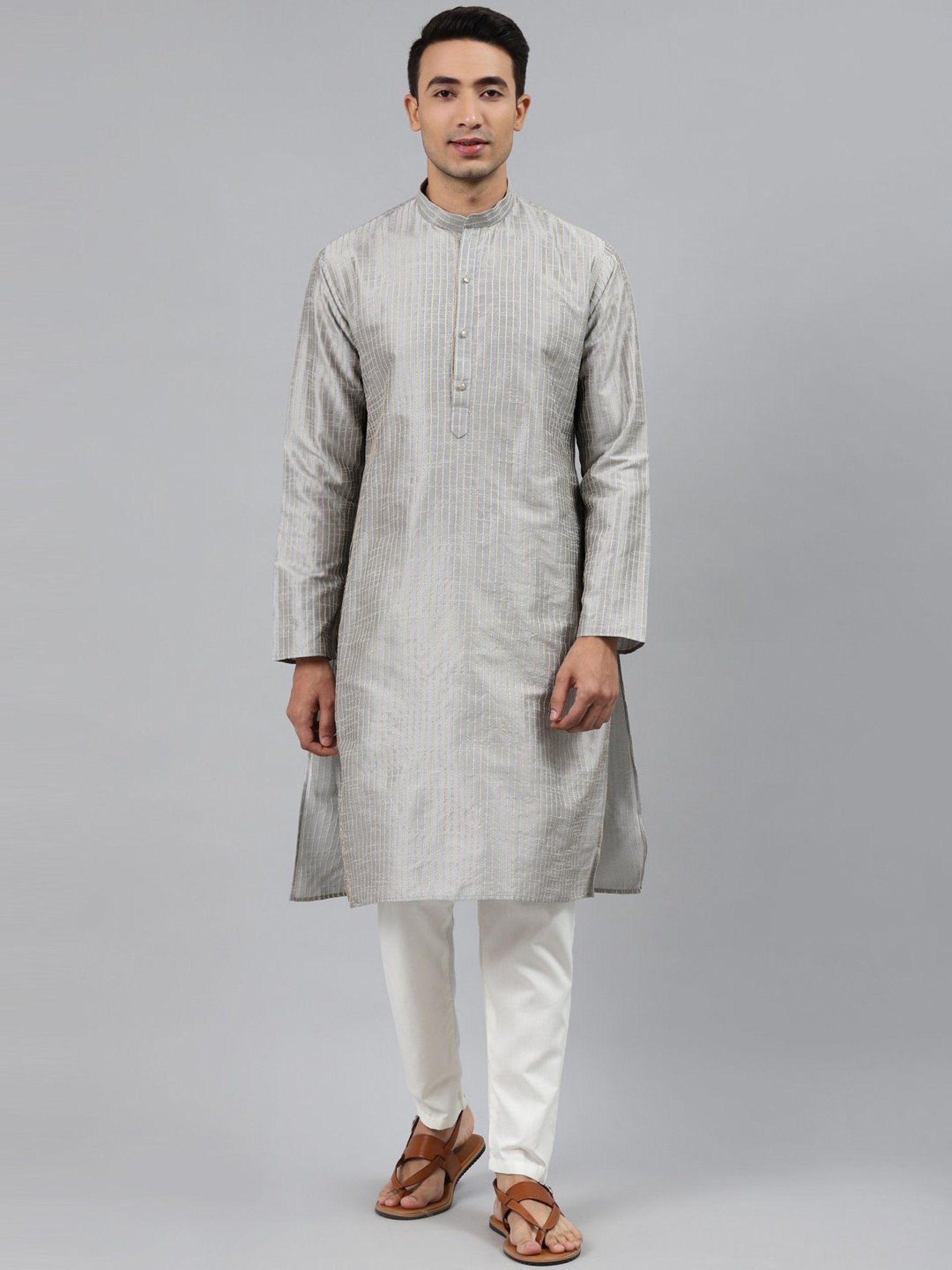 ManQ Grey Regular Fit Striped Ethnic Wear