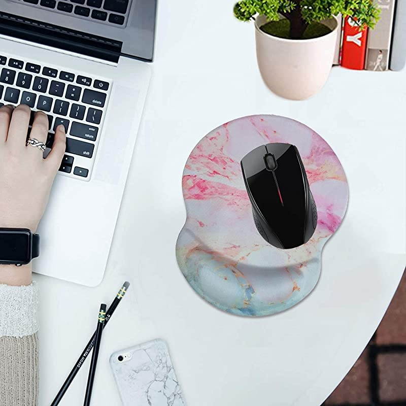 Wrist Support Mouse Pad Anti Slip Rubber Wrist Rest Mousepads 8.75in X7.5in Small Desktop Notebook Mouse Mat for Working and Gaming(Purple Pink Marble-Wrist)