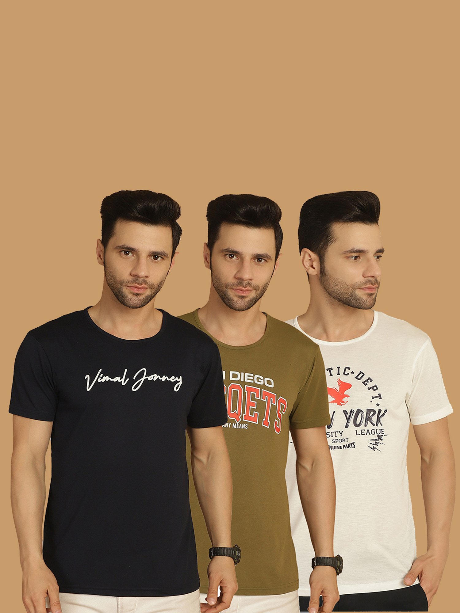Vimal Jonney Multicolor Regular Fit Printed Crew T-Shirt - Pack of 3