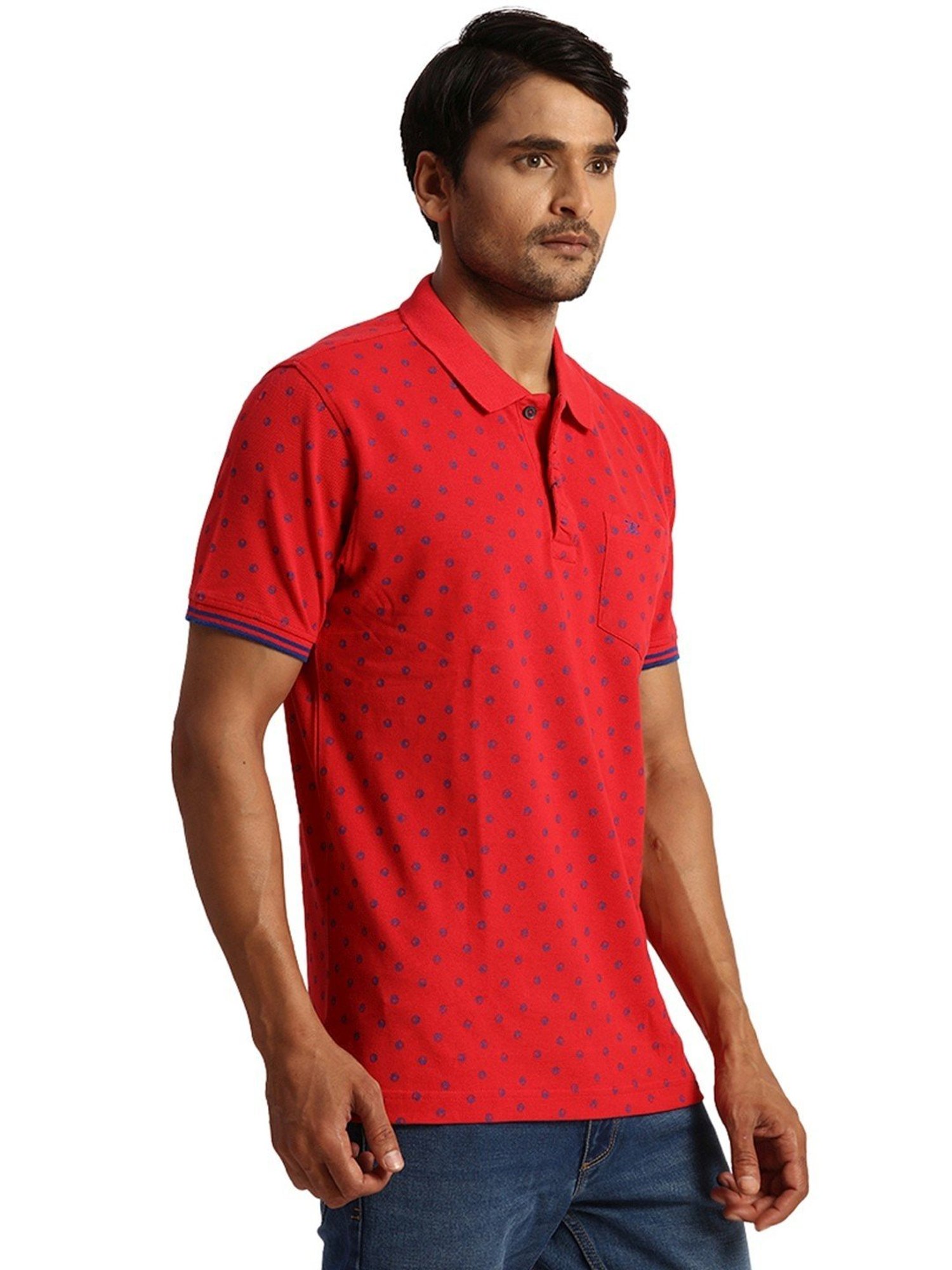 ColorPlus Red Cotton Tailored Fit Printed Polo T-Shirt
