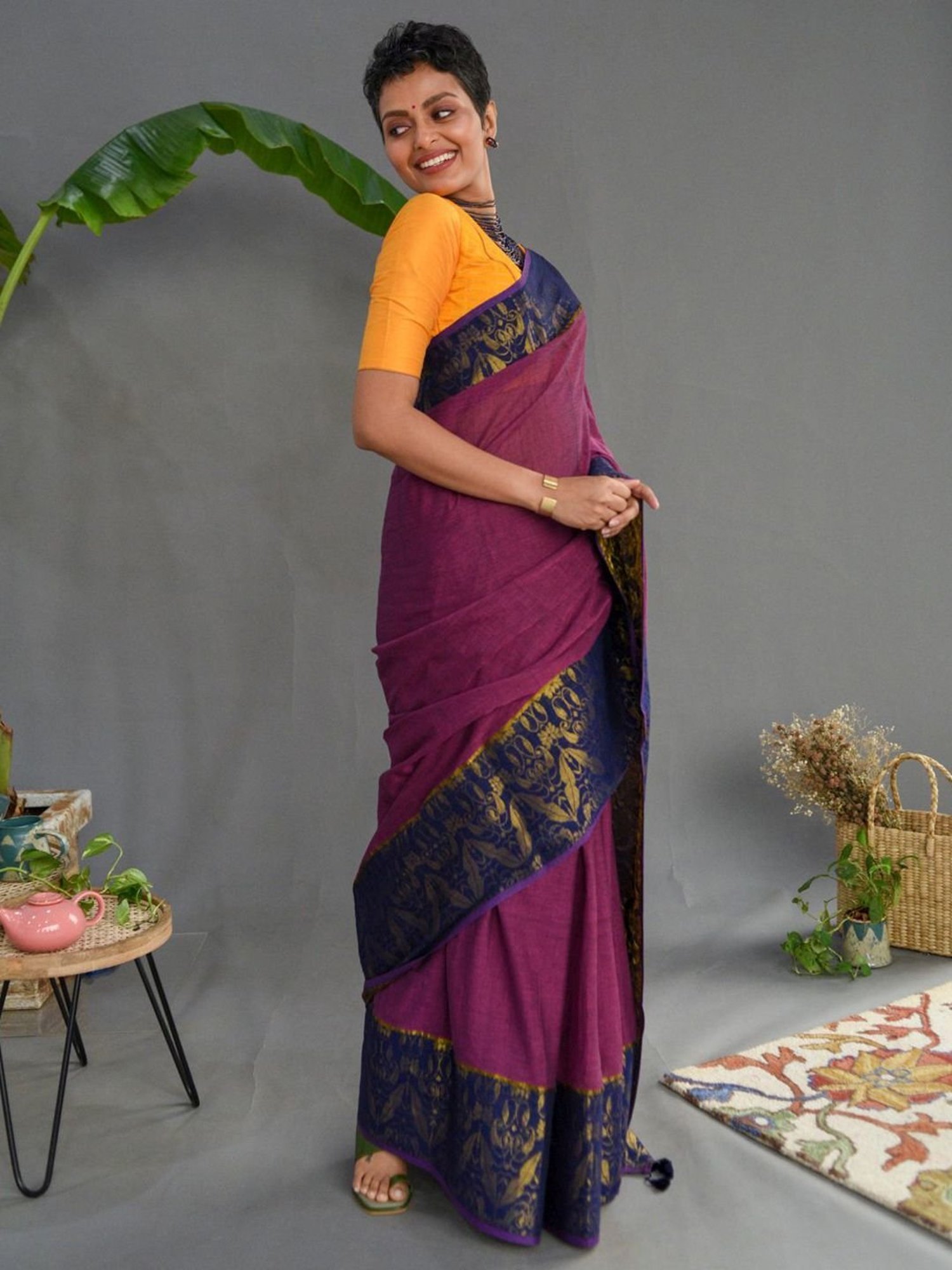 Suta Purple & Navy Cotton Woven Saree Without Blouse