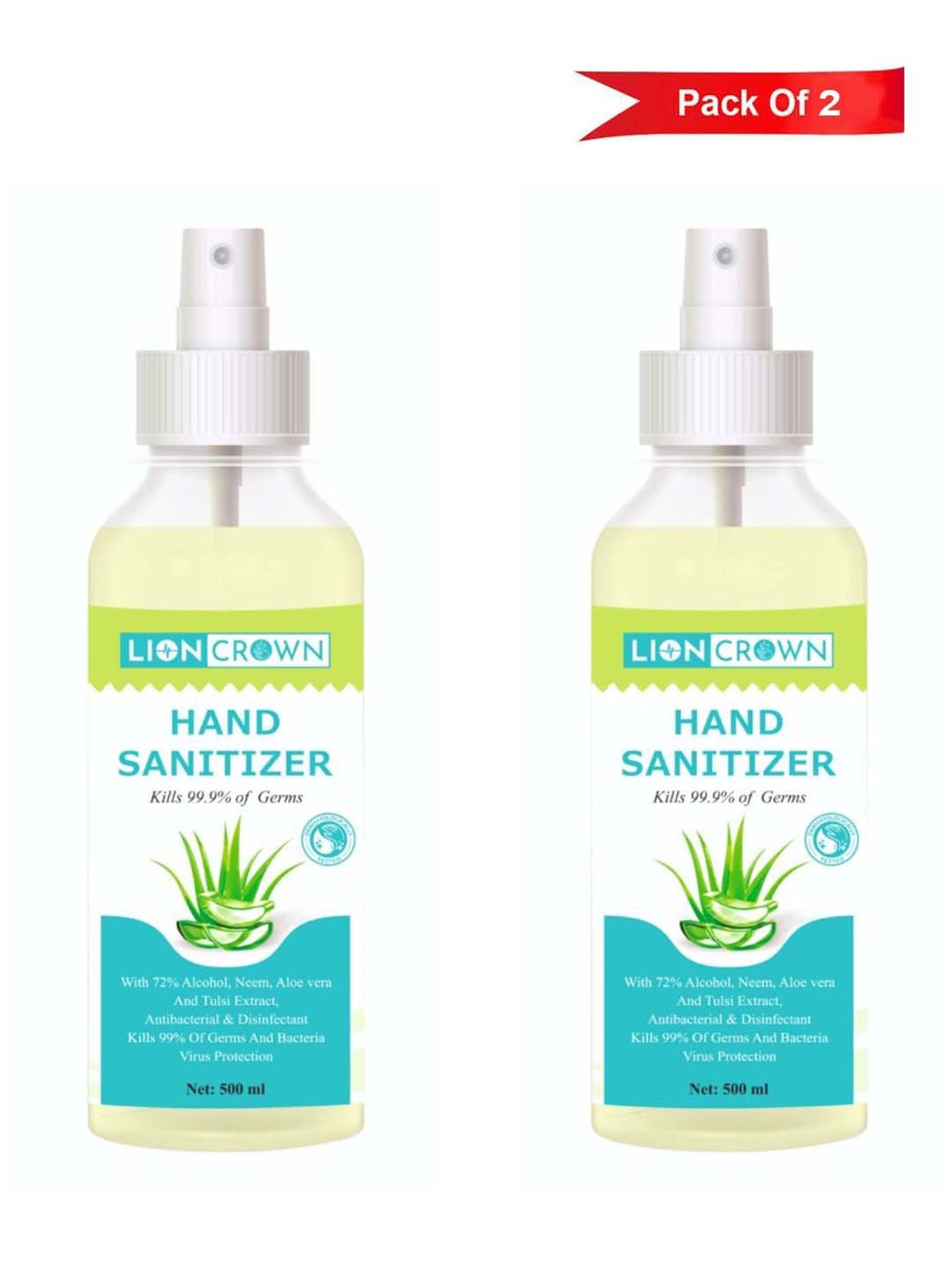 Lioncrown Herbal Neem, Tulsi, Aloe-Vera Spray Hand Sanitizer (500 ml) - Pack of 2