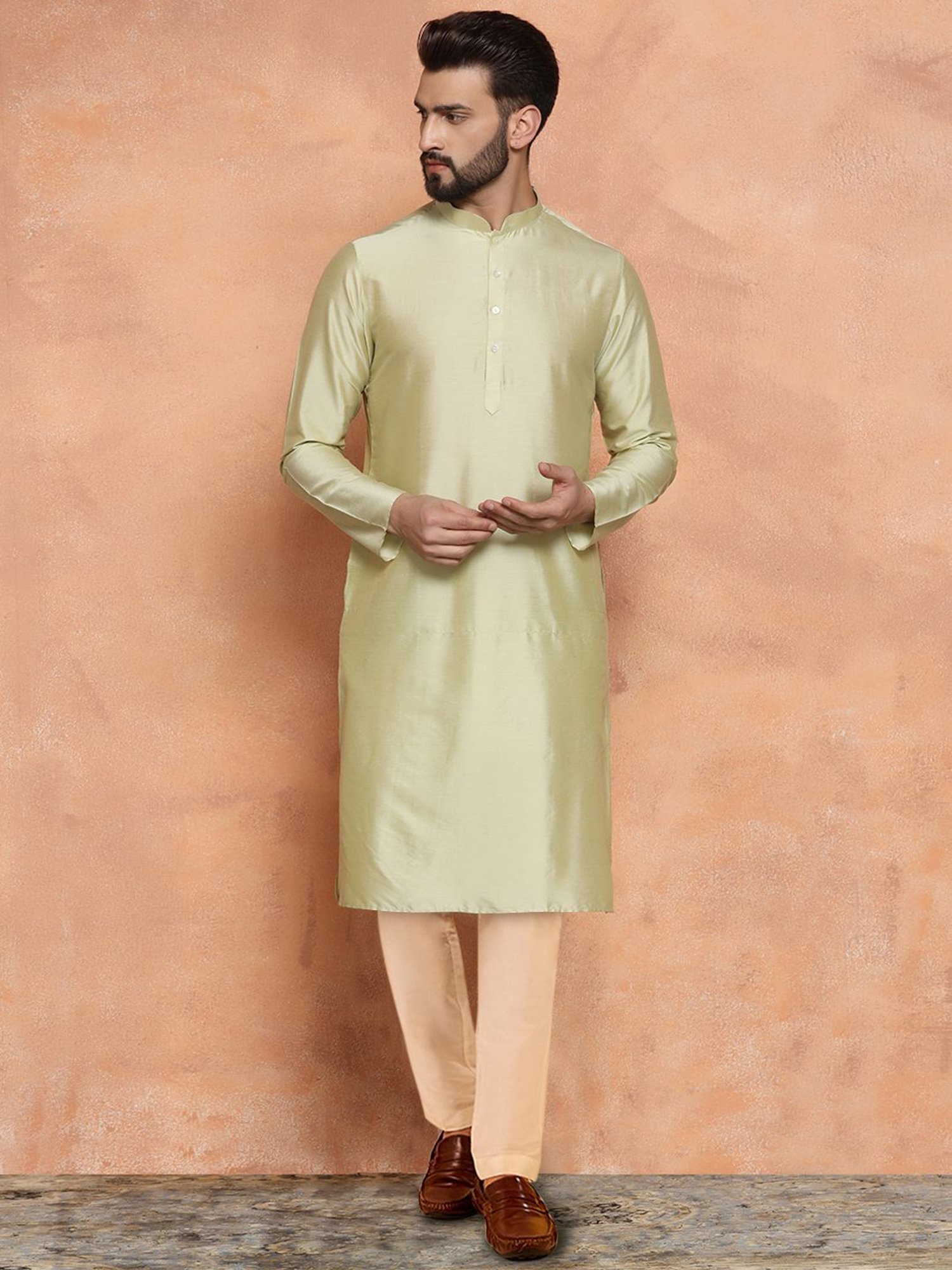 Kisah Beige & Green Regular Fit Jacquard Sherwani Set