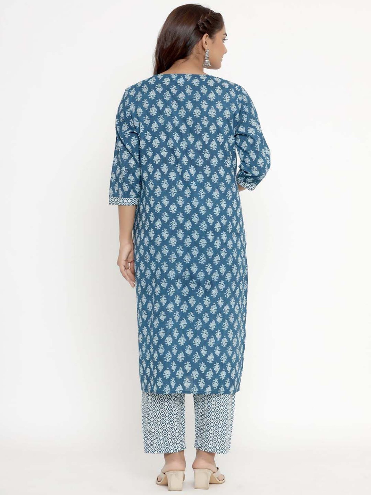 Miravan Blue Cotton Printed Kurta Pant Set