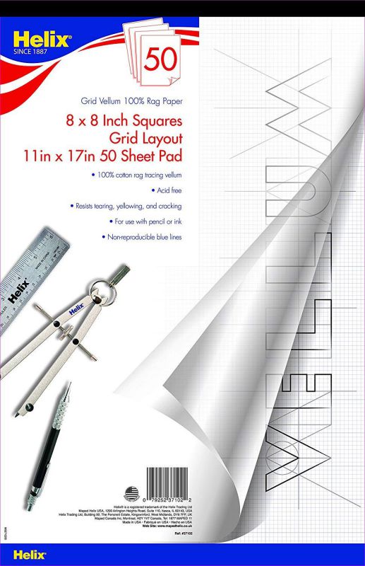 Helix Vellum Paper Pad, 100% Rag, 8 x 8 Grid, 11 x 17 inch, 50 Sheets (37102)