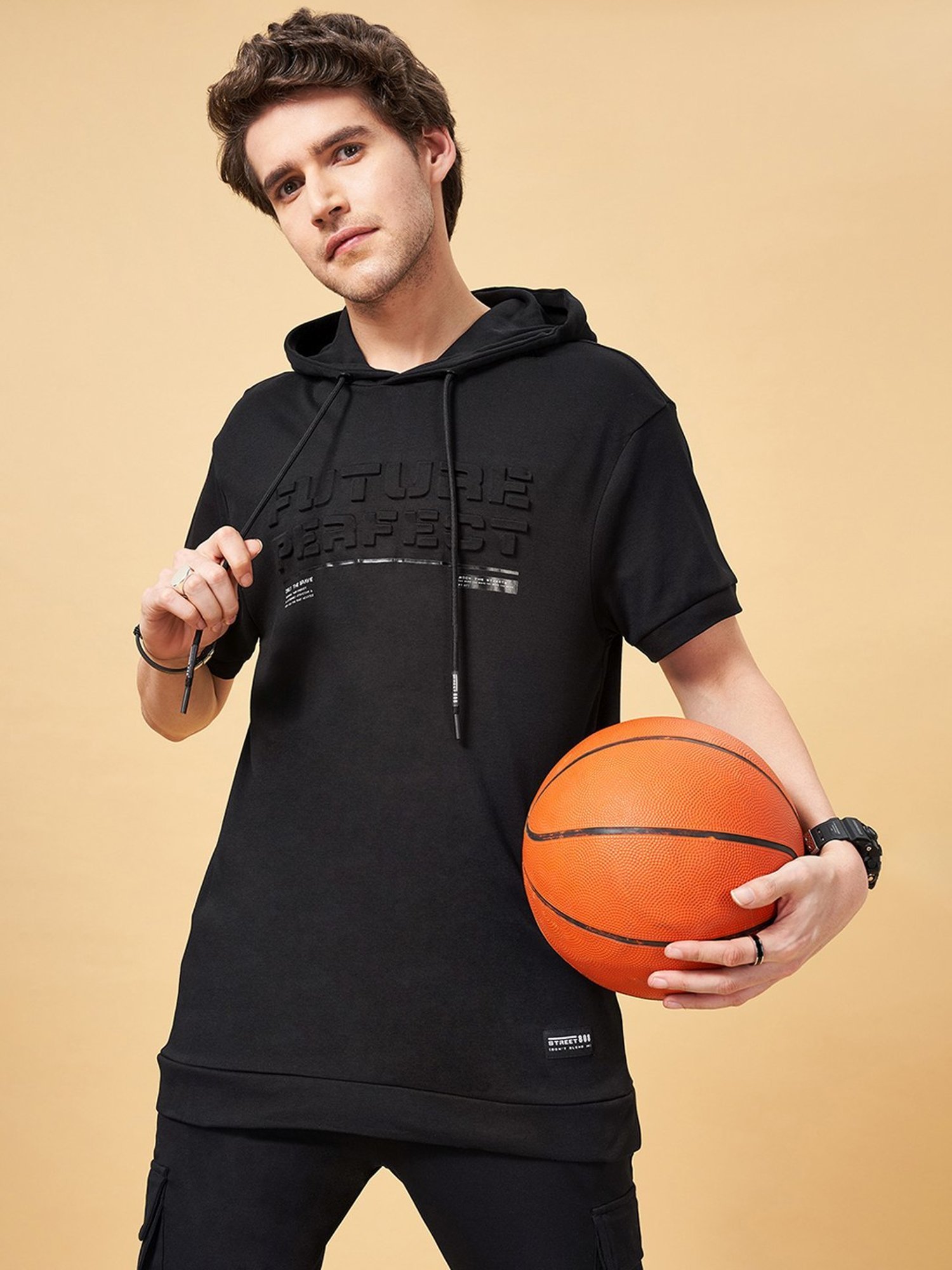 Street 808 by Pantaloons Black Cotton Boxy Fit Printed Hooded T-Shirt