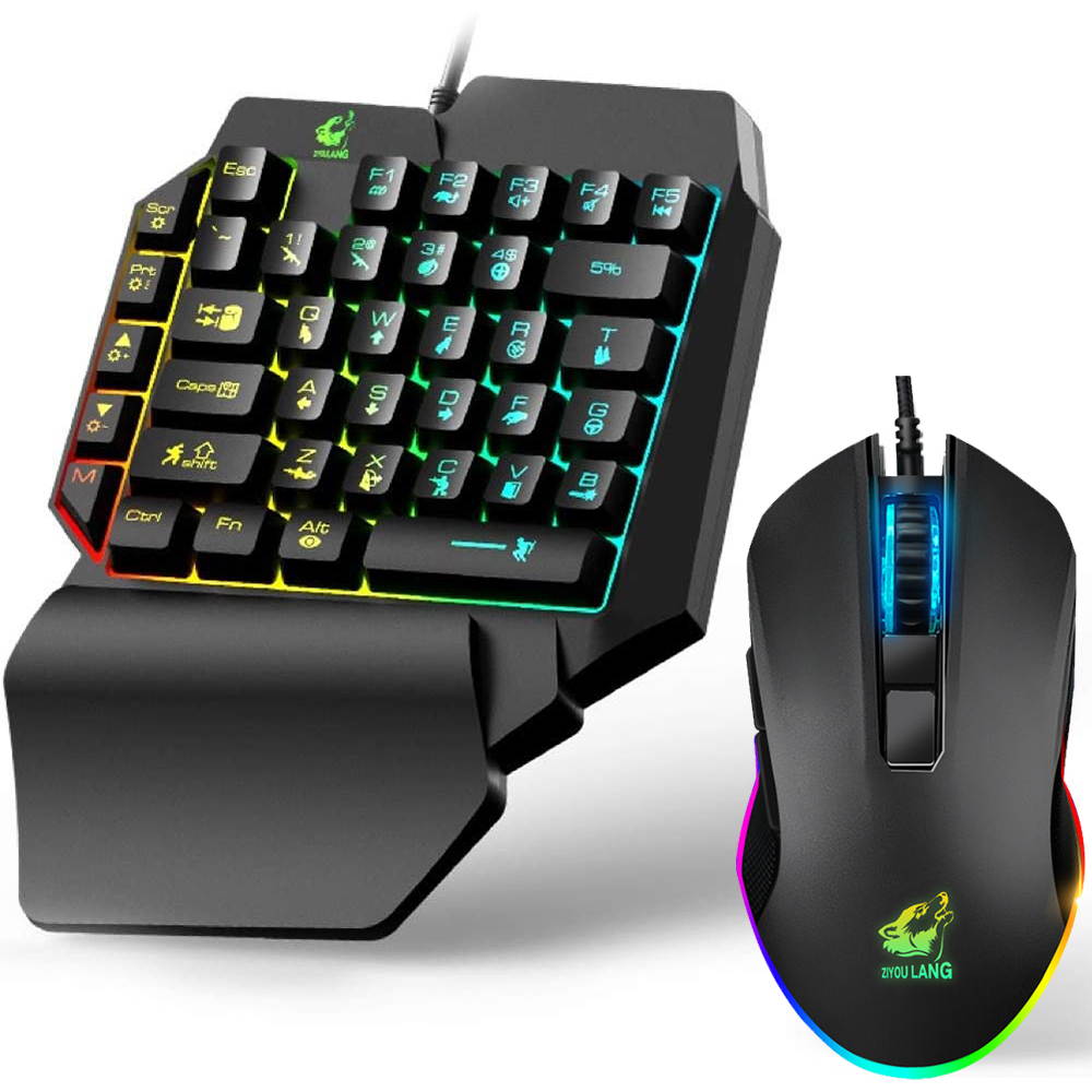 One Hand Gaming Keyboard and Mouse Combo, 39 Keys PUBG Keycap Version Wired Mechanical Feel Rainbow Backlit Half Keyboard, Support Wrist rest, USB Wired Gaming Mouse for Gaming