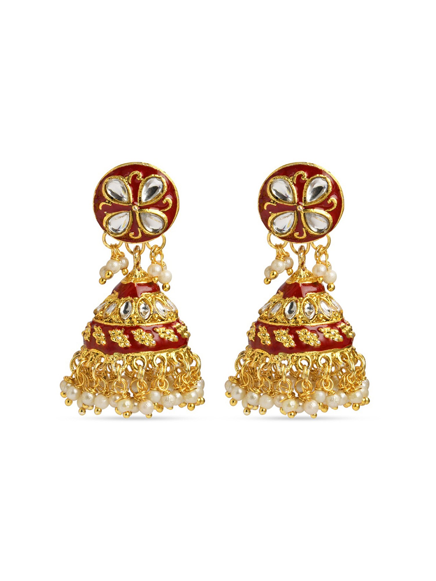 Fida Gold-Plated Maroon Enamel And Kundan Jhumki Earrings