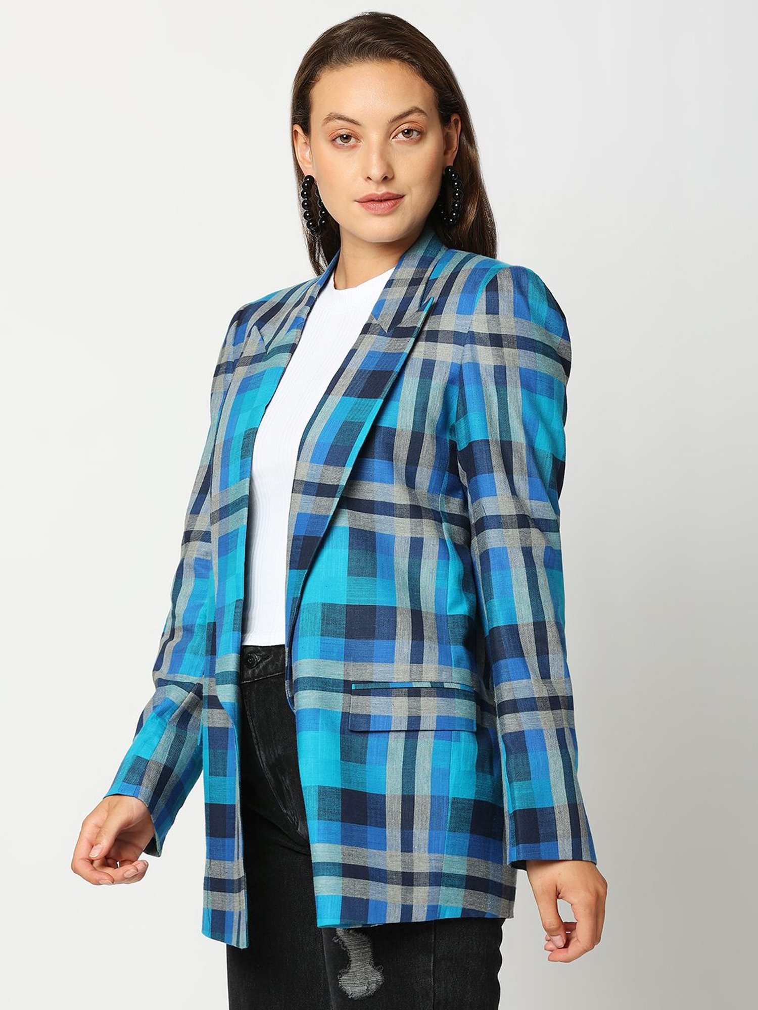 Remanika Blue Pure Cotton Chequered Jacket