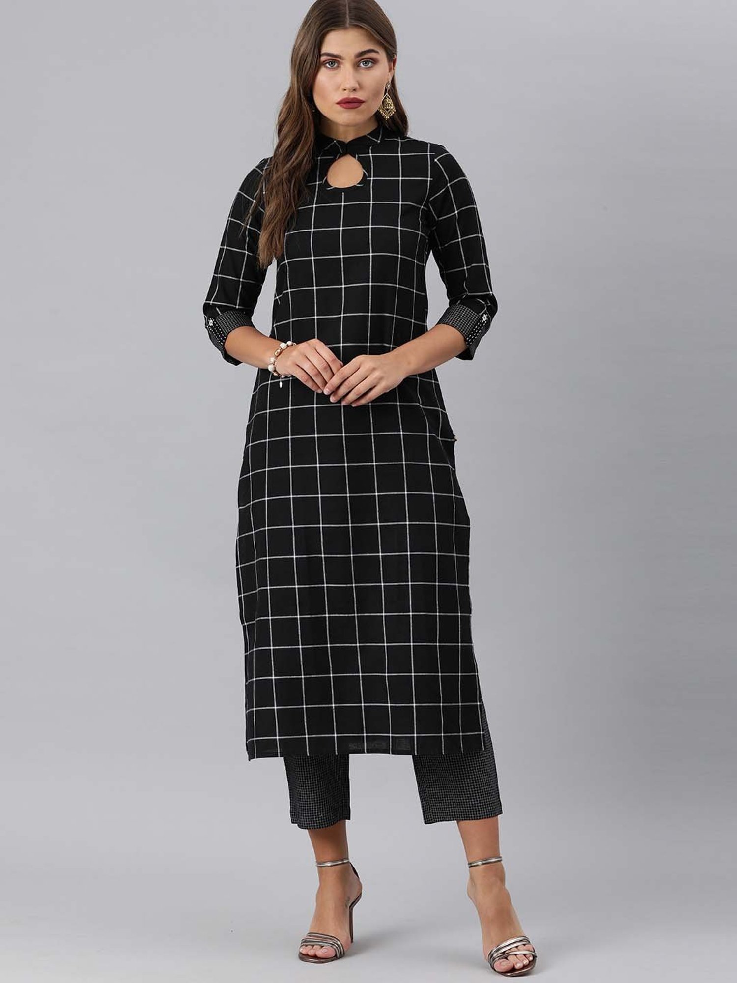 KSUT Black Chequered Kurta Pant Set