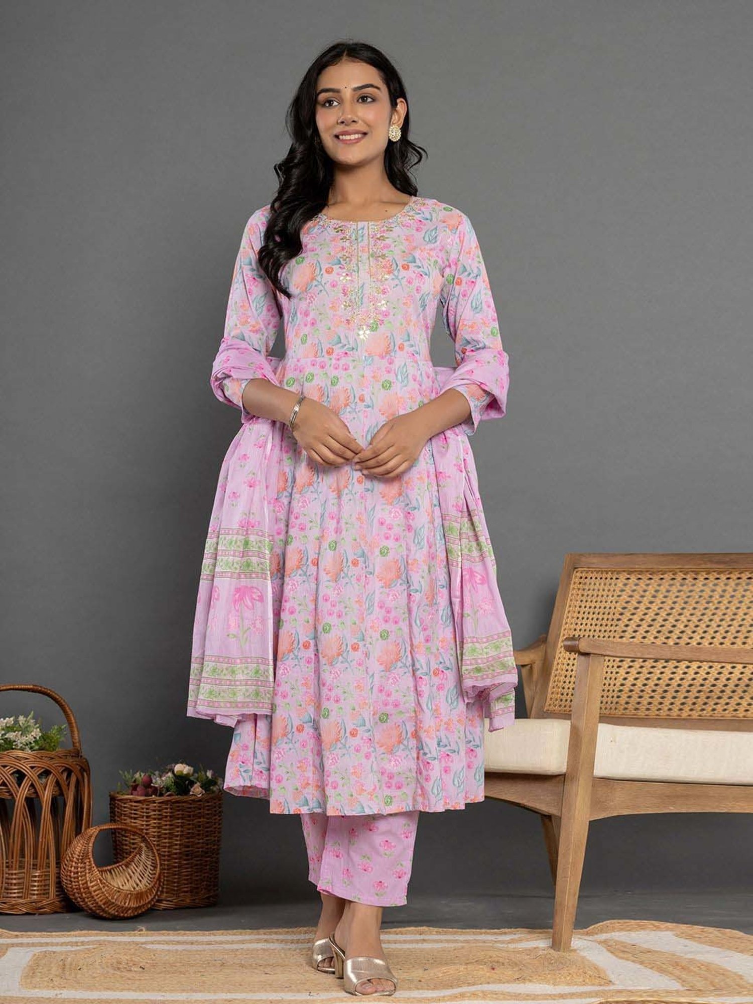 Yufta Purple Cotton Printed Kurta Pant Set With Dupatta