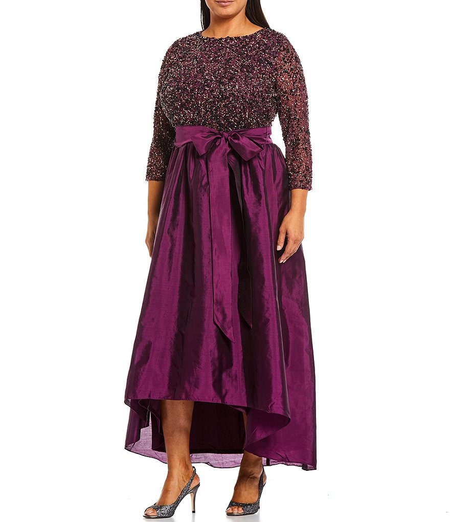 Pisarro Nights Plus Size 3/4 Sleeve Boat Neck Beaded Gown