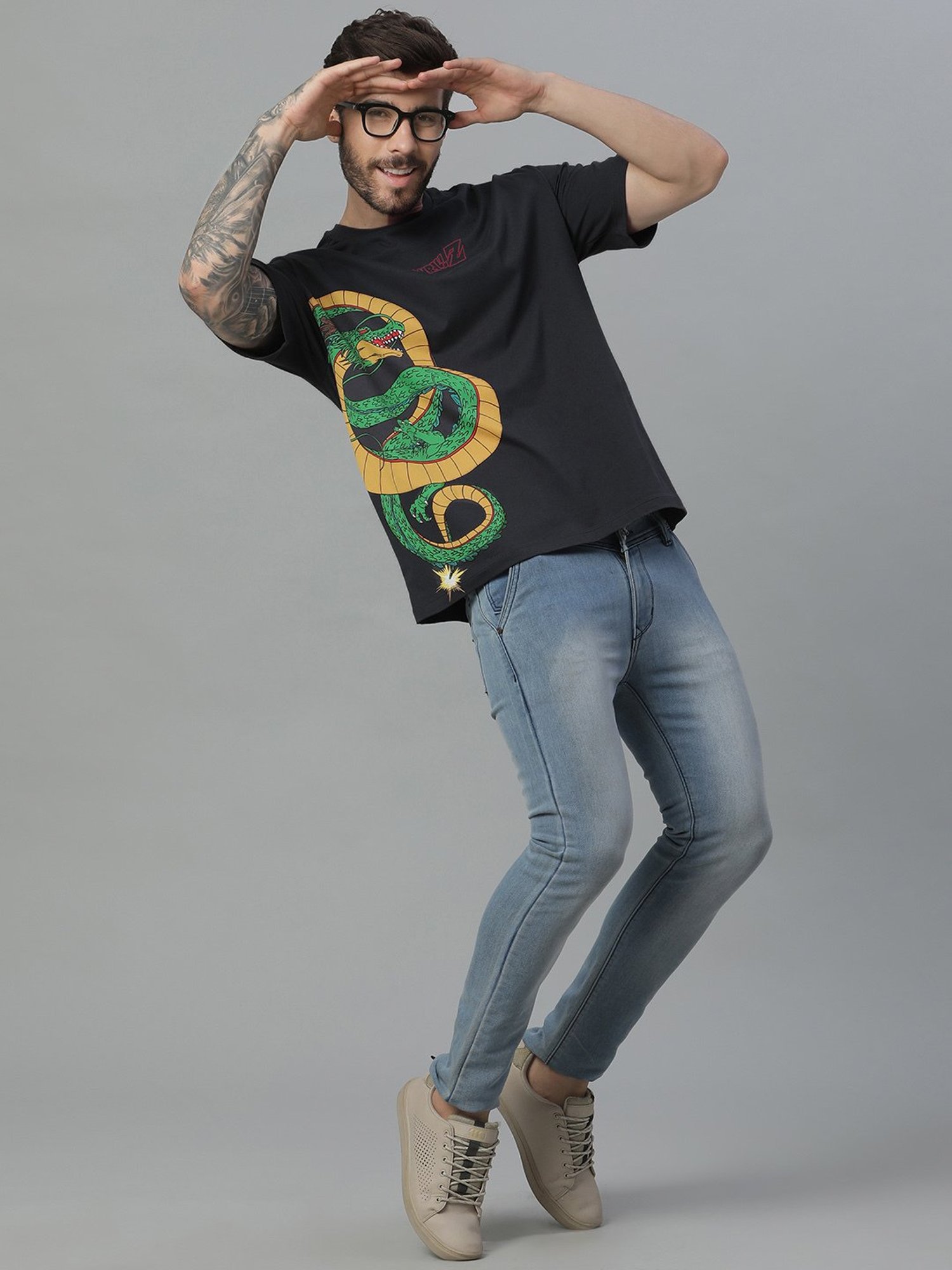 Free Authority Grey Loose Fit Printed T-Shirt