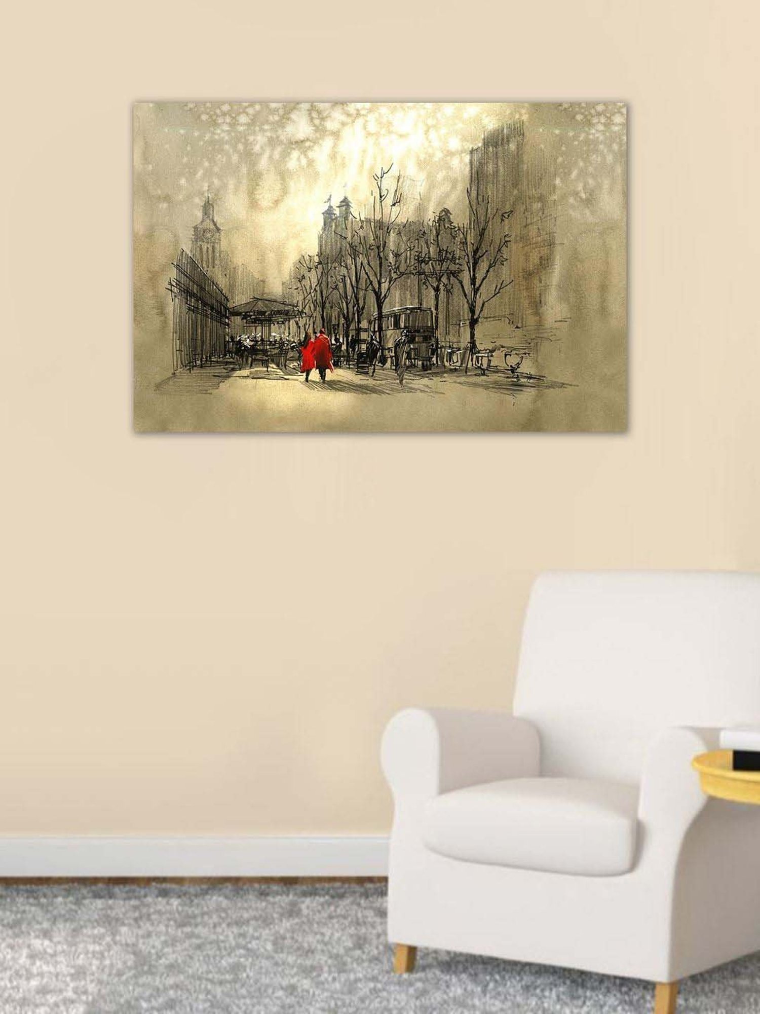 999store Grey & Black Couple In Red Walking On Street Canvas Painting