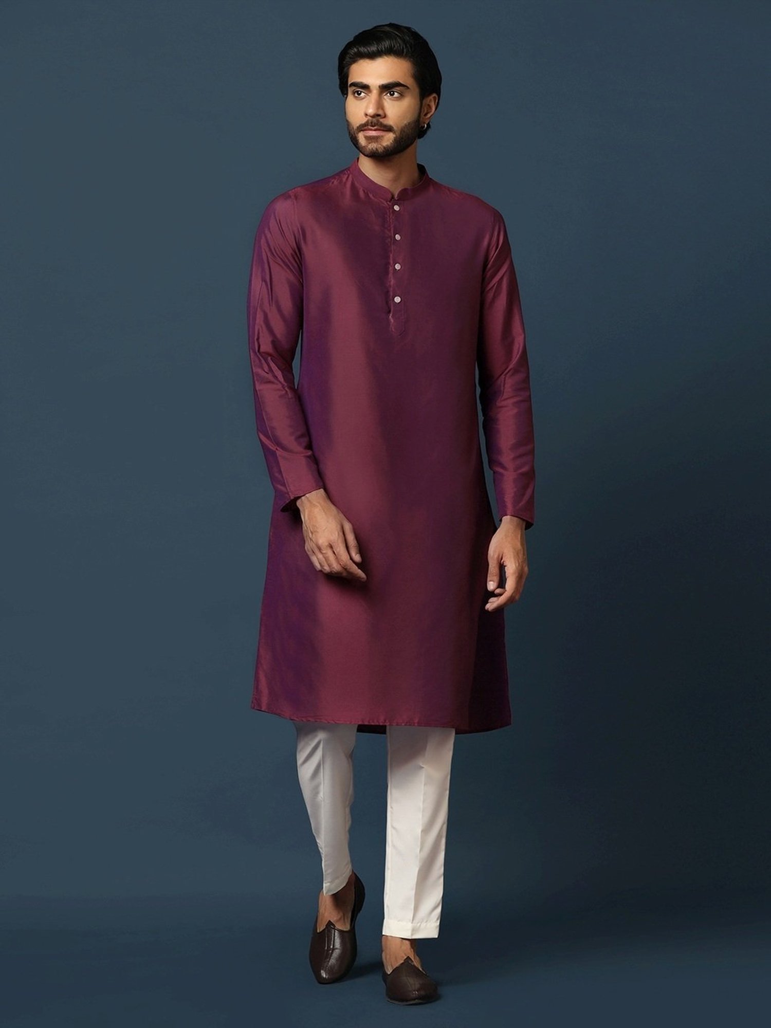 KISAH Maroon Cotton Regular Fit Self Pattern Sherwani Set