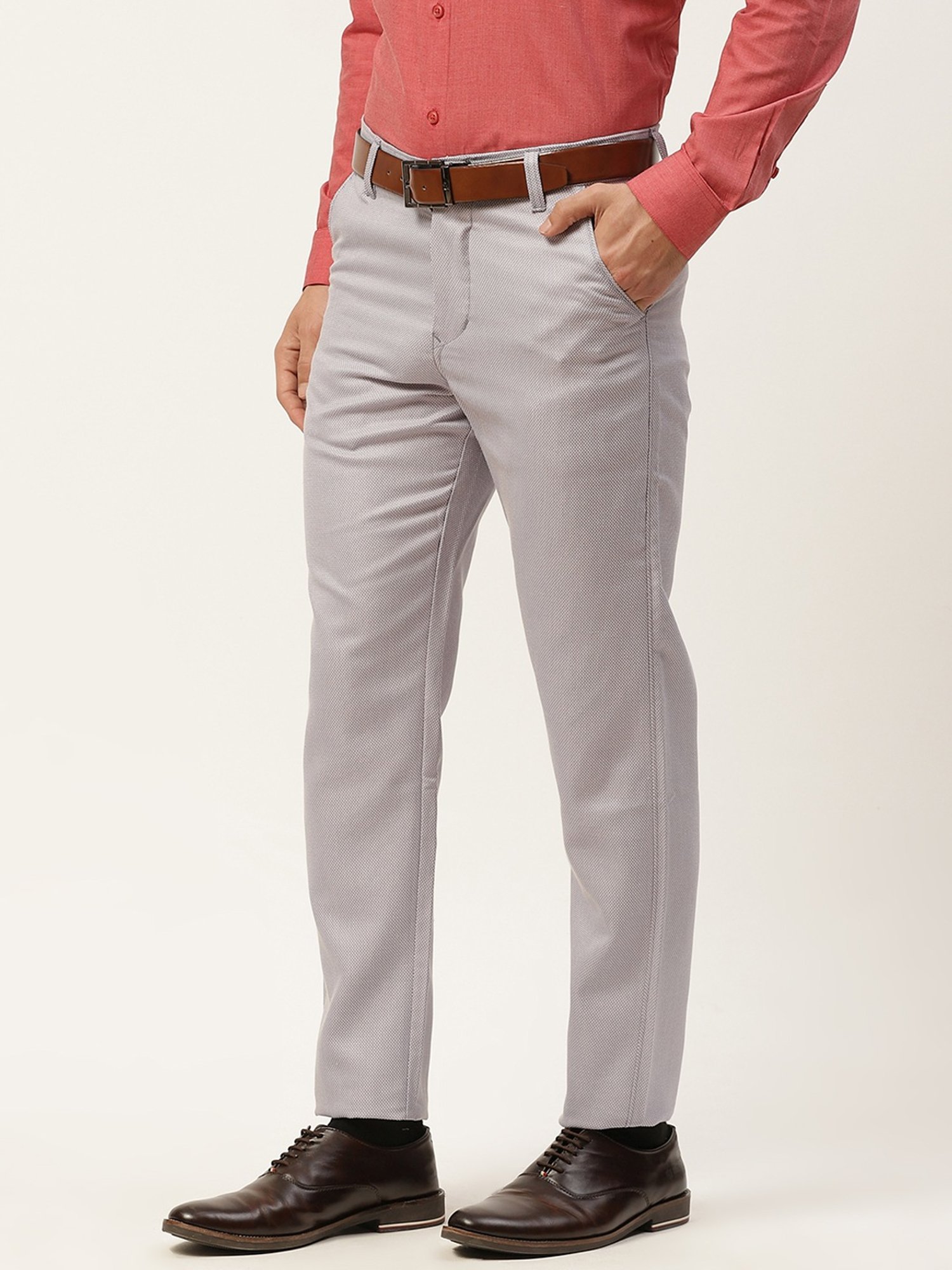 Sojanya Grey Cotton Regular Slim Fit Self Pattern Flat Front Trousers